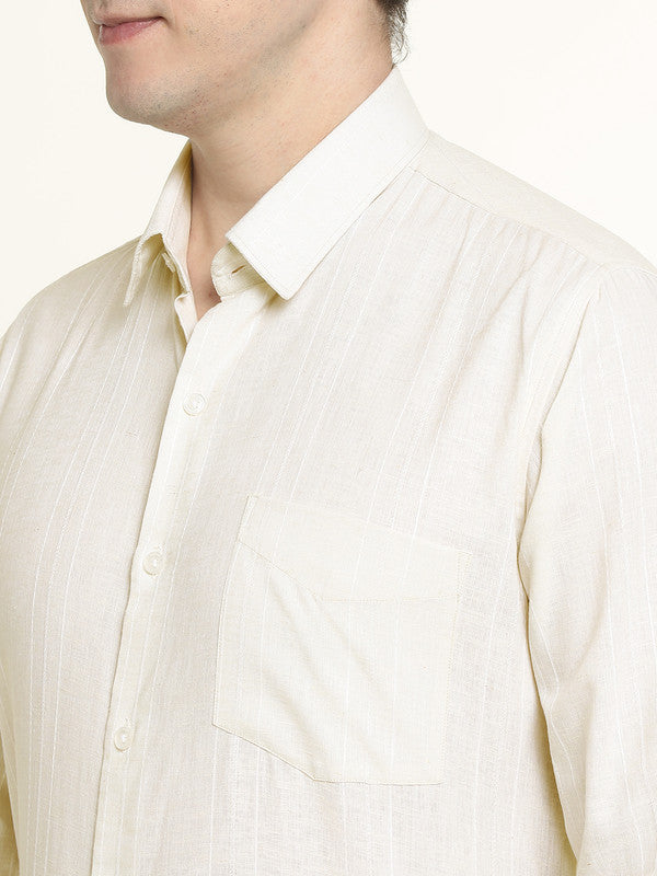 Men Cream Striped Linen Slim Fit Formal Shirt