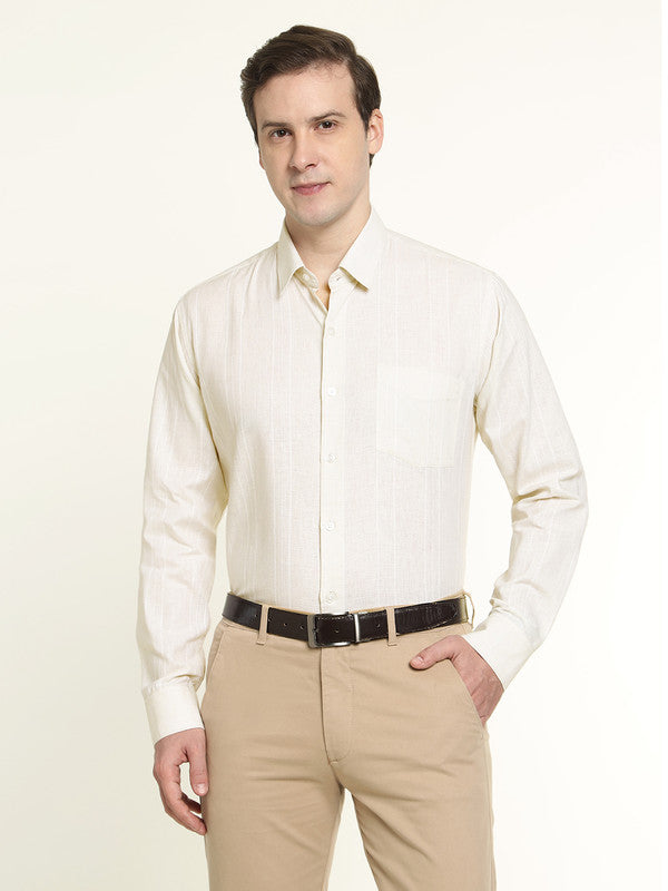 Men Cream Striped Linen Slim Fit Formal Shirt