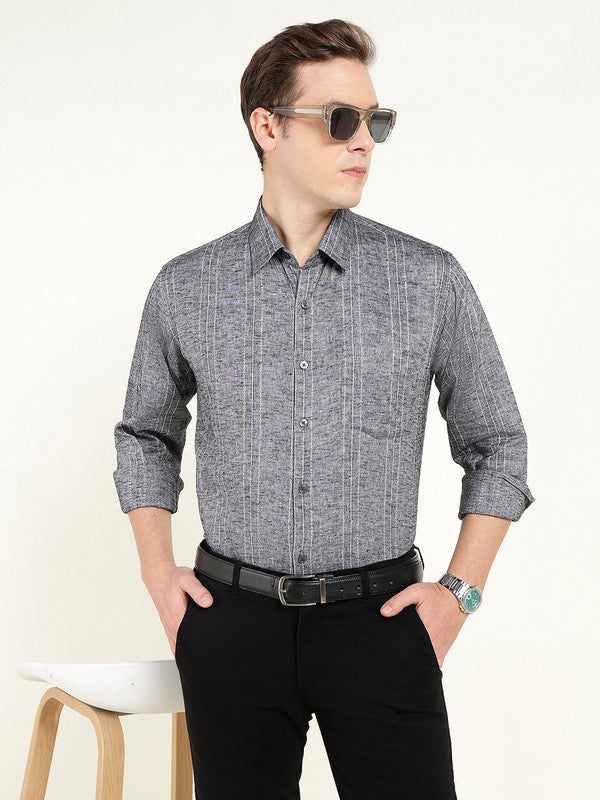 Men Grey Striped Slim Fit Linen Formal Shirt