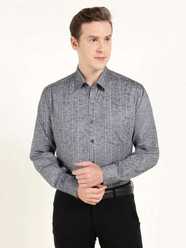 Men Grey Striped Slim Fit Linen Formal Shirt