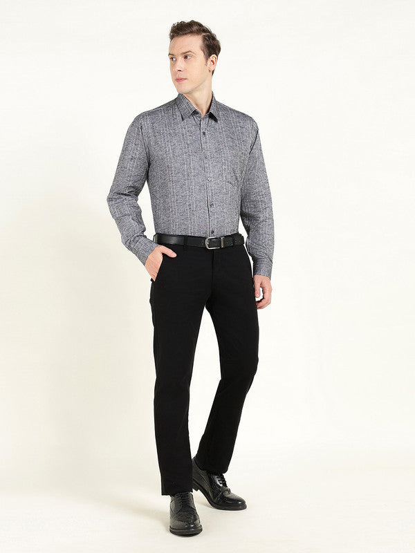 Men Grey Striped Slim Fit Linen Formal Shirt