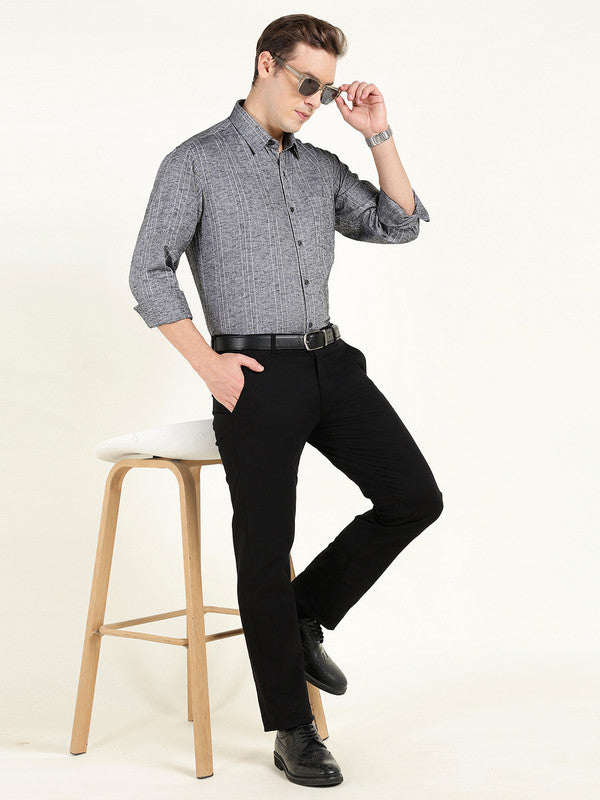 Men Grey Striped Slim Fit Linen Formal Shirt