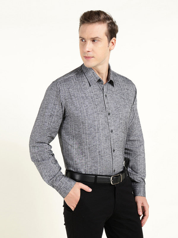 Men Grey Striped Slim Fit Linen Formal Shirt