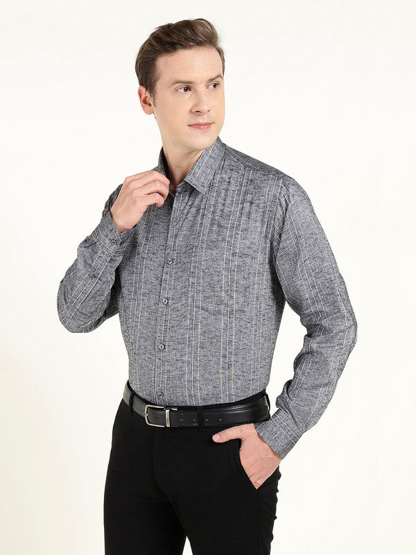 Men Grey Striped Slim Fit Linen Formal Shirt