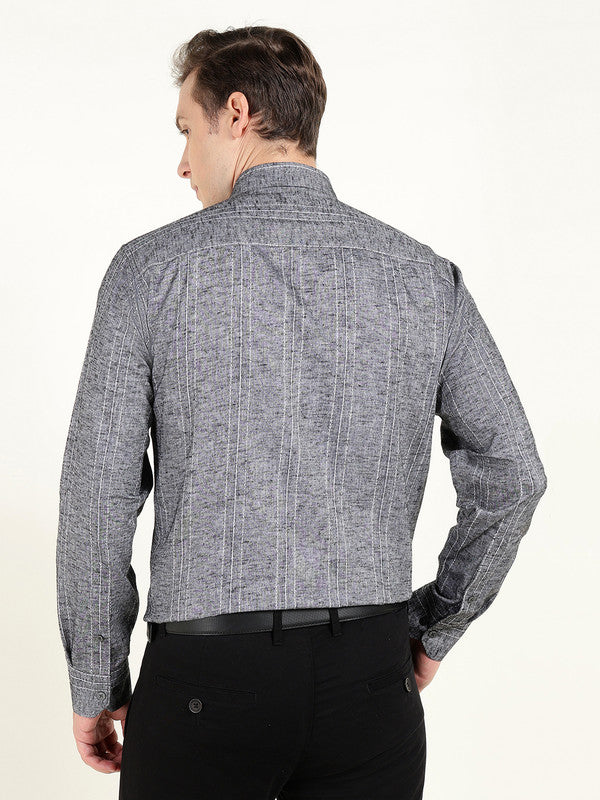 Men Grey Striped Slim Fit Linen Formal Shirt