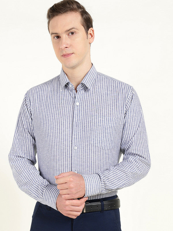 Men Blue & White Striped Slim Fit Linen Formal Shirt