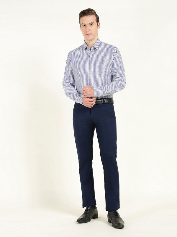 Men Blue & White Striped Slim Fit Linen Formal Shirt