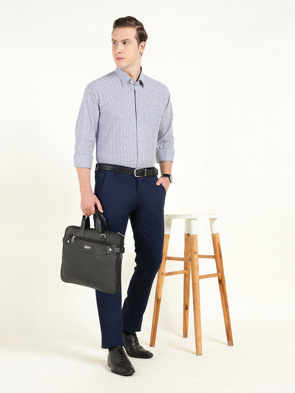 Men Blue & White Striped Slim Fit Linen Formal Shirt