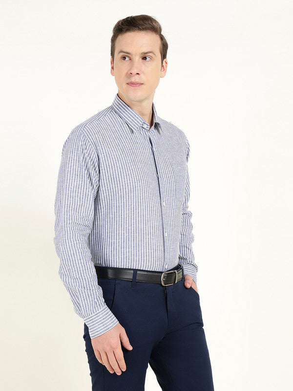 Men Blue & White Striped Slim Fit Linen Formal Shirt