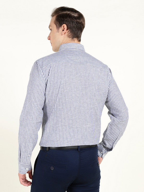 Men Blue & White Striped Slim Fit Linen Formal Shirt