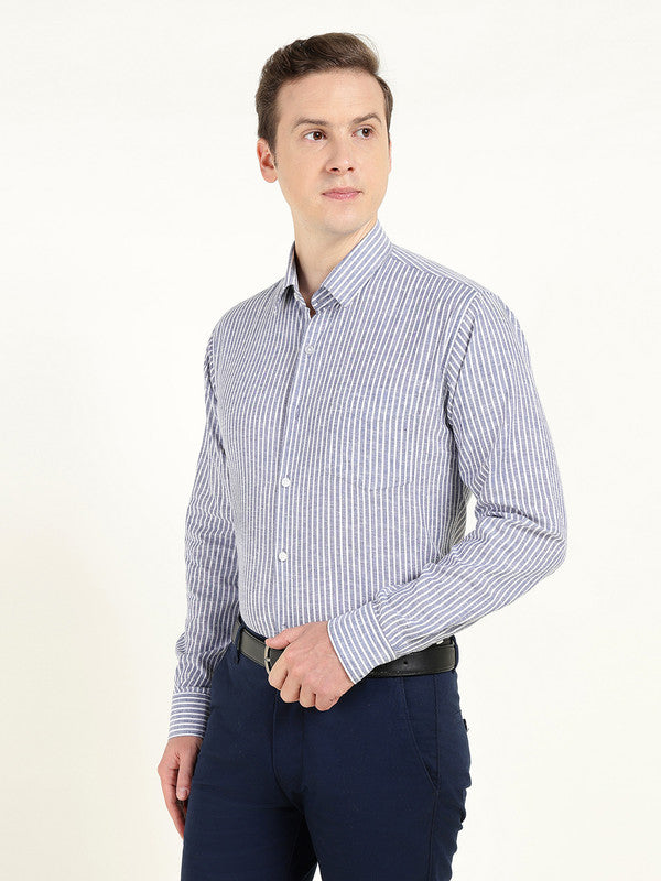 Men Blue & White Striped Slim Fit Linen Formal Shirt