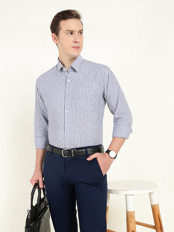 Men Blue & White Striped Slim Fit Linen Formal Shirt