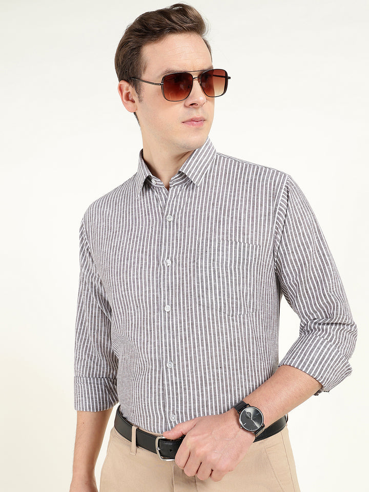 Men Brown & White Striped Slim Fit Linen Formal Shirt