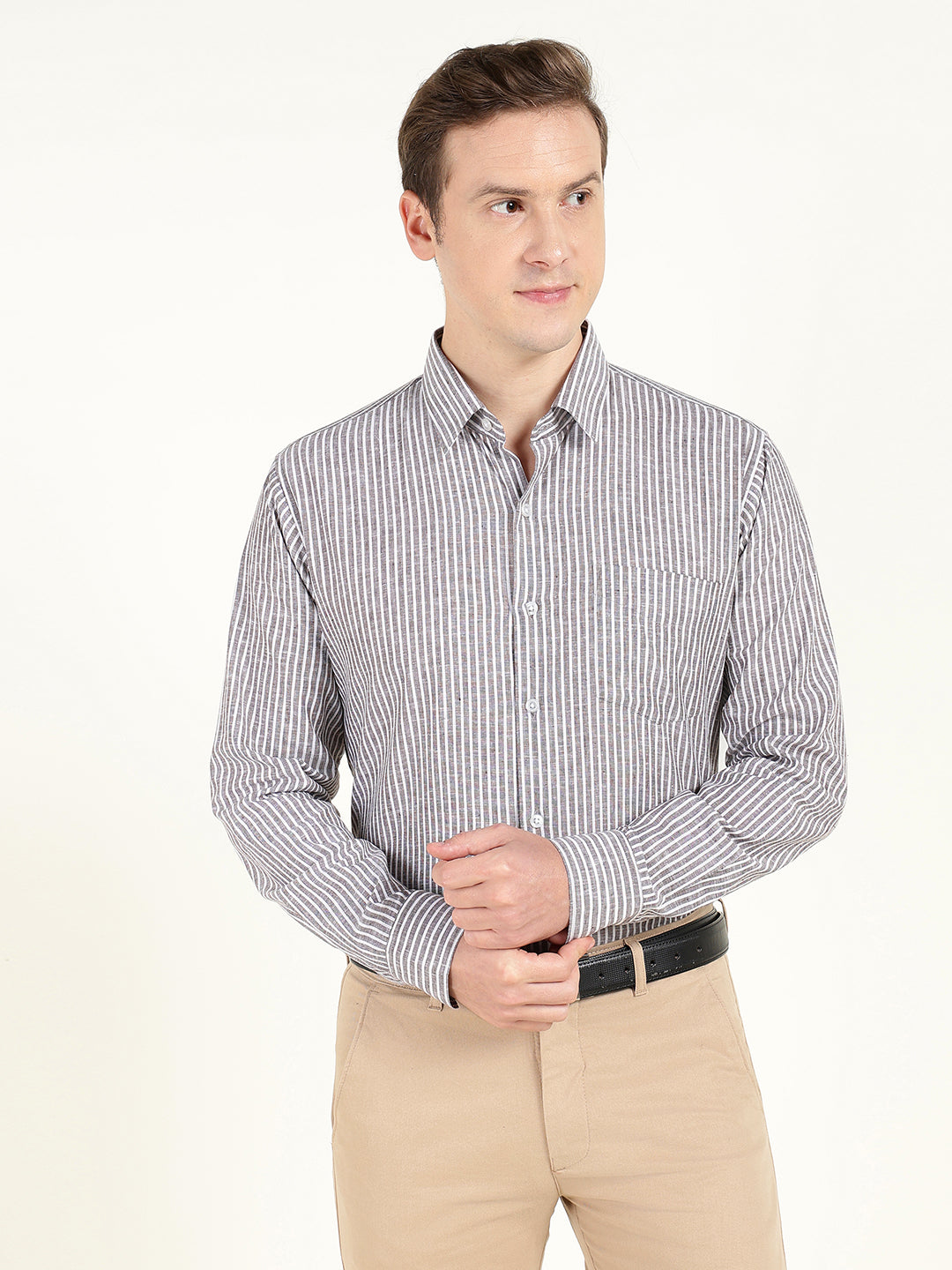 Men Brown & White Striped Slim Fit Linen Formal Shirt