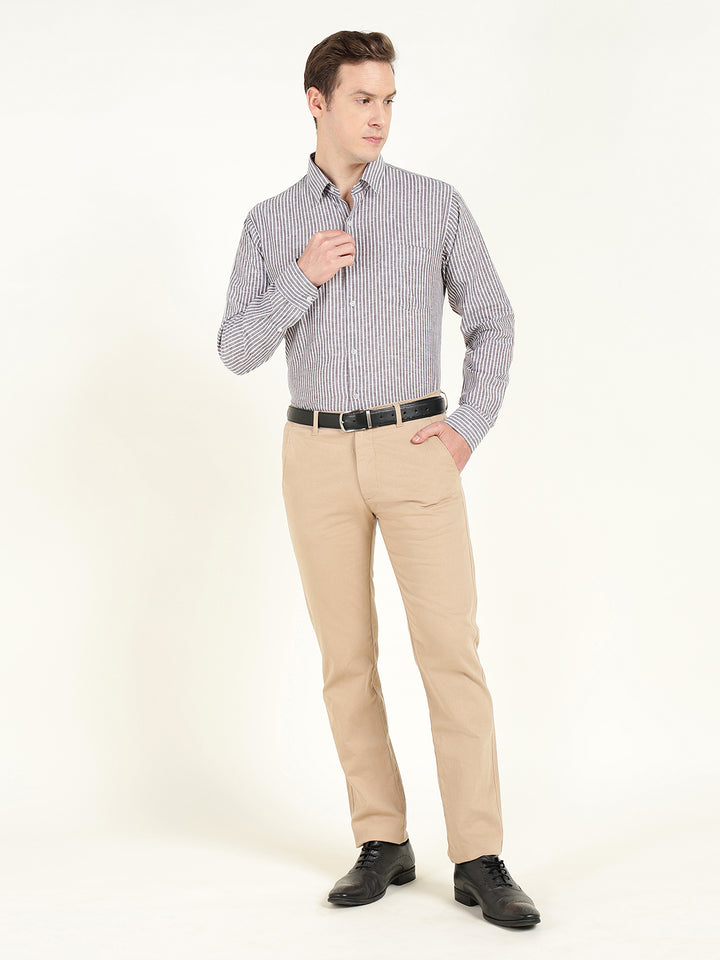 Men Brown & White Striped Slim Fit Linen Formal Shirt