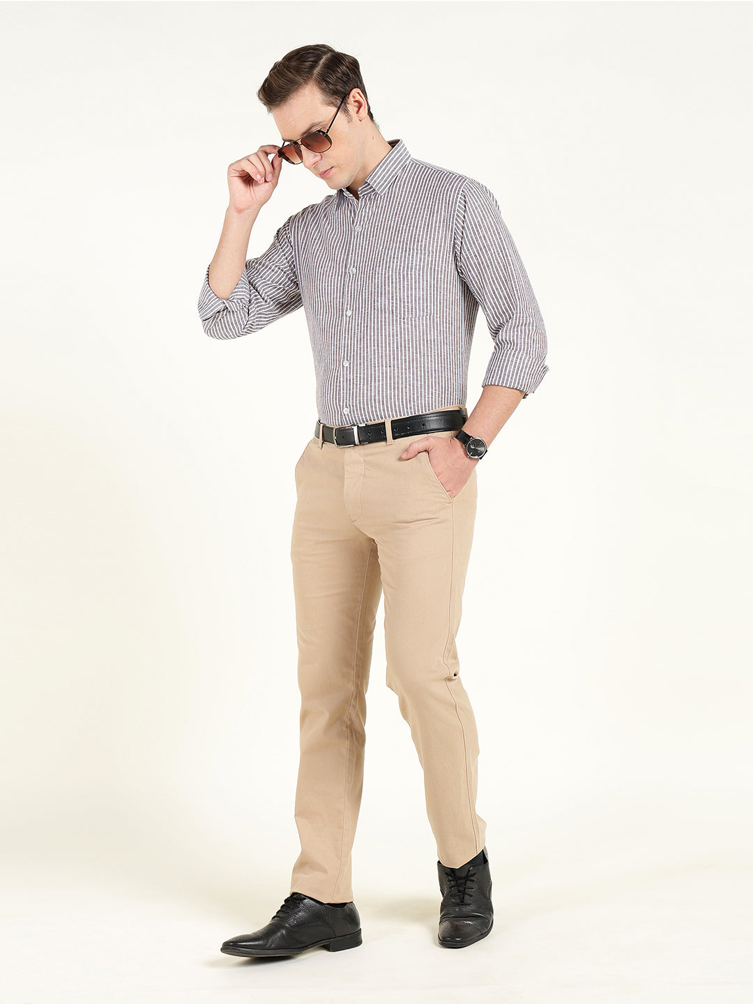 Men Brown & White Striped Slim Fit Linen Formal Shirt