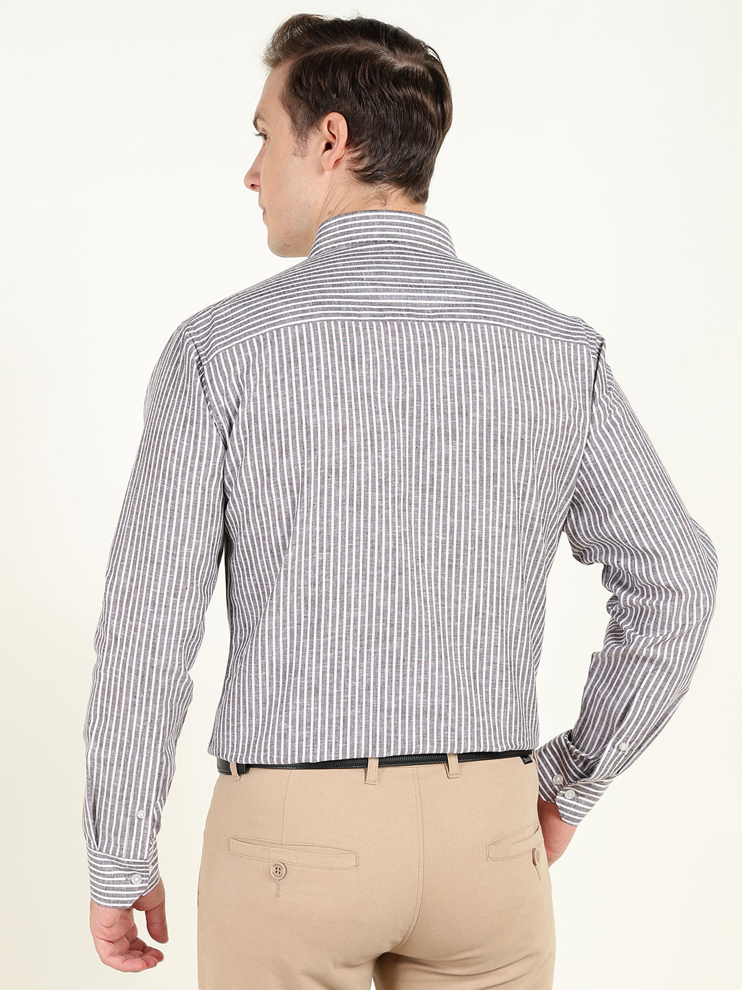 Men Brown & White Striped Slim Fit Linen Formal Shirt