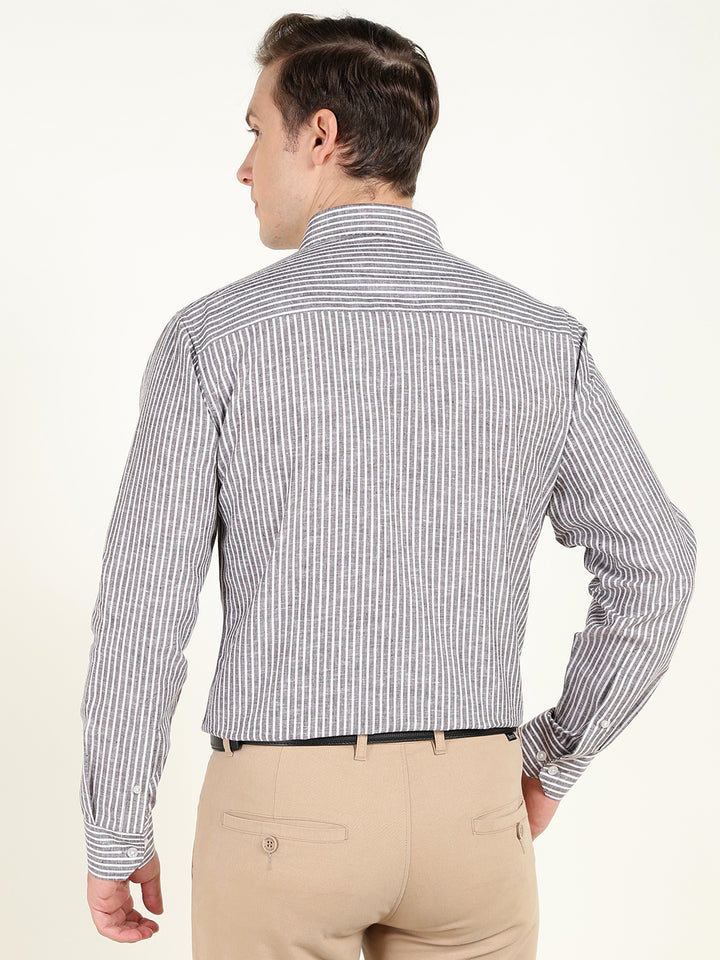Men Brown & White Striped Slim Fit Linen Formal Shirt