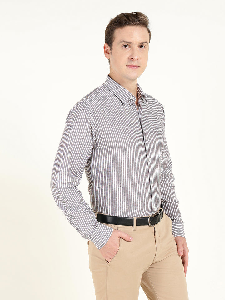 Men Brown & White Striped Slim Fit Linen Formal Shirt