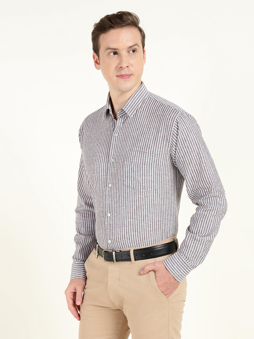 Men Brown & White Striped Slim Fit Linen Formal Shirt