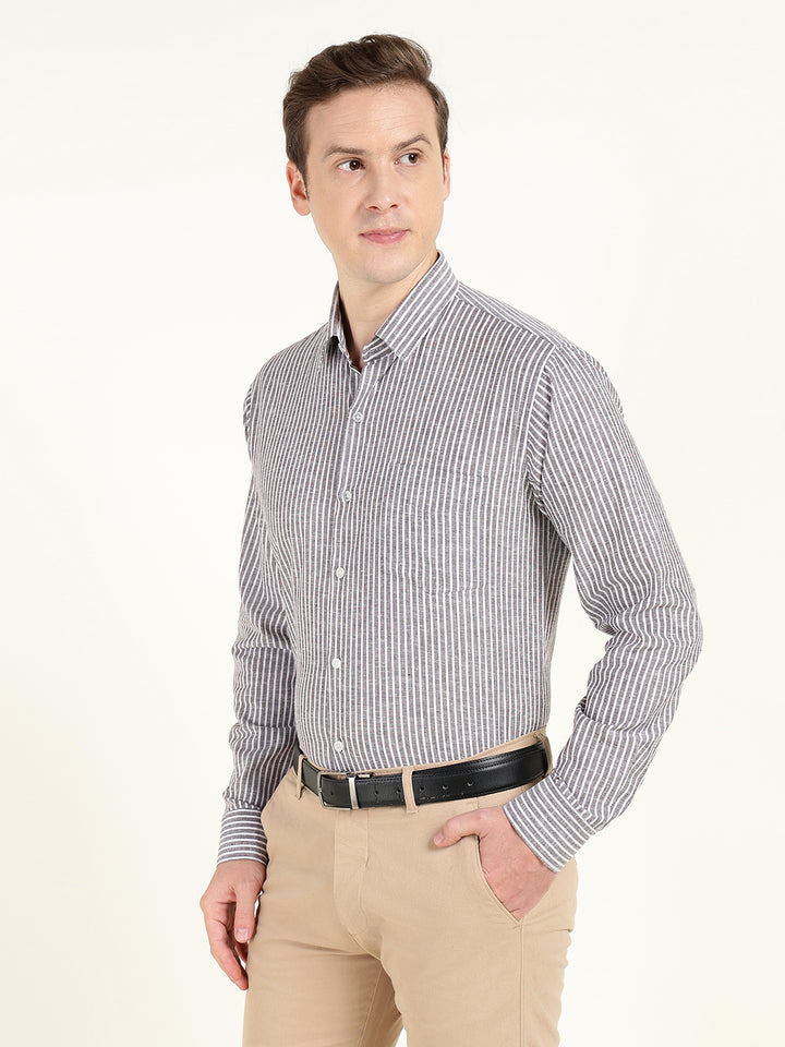 Men Brown & White Striped Slim Fit Linen Formal Shirt
