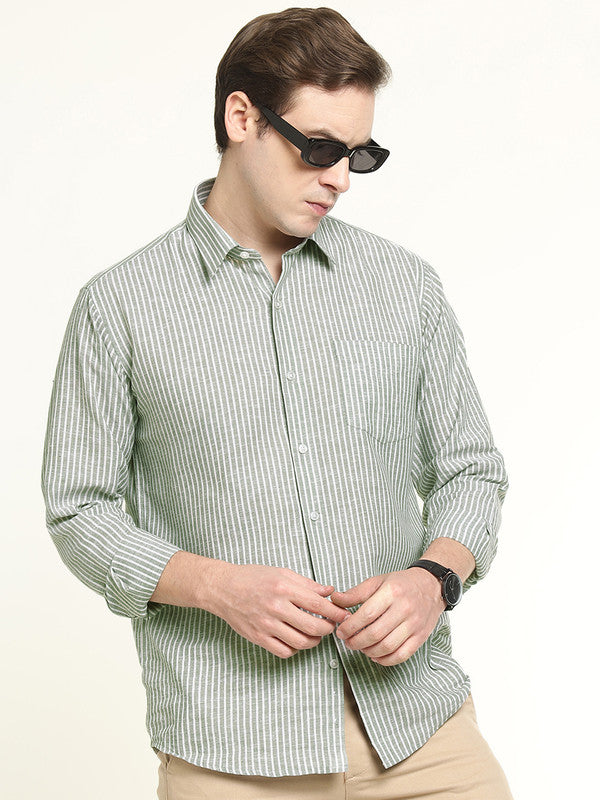 Hancock Men Green & White Candy Striped Linen Slim Fit Formal Shirt