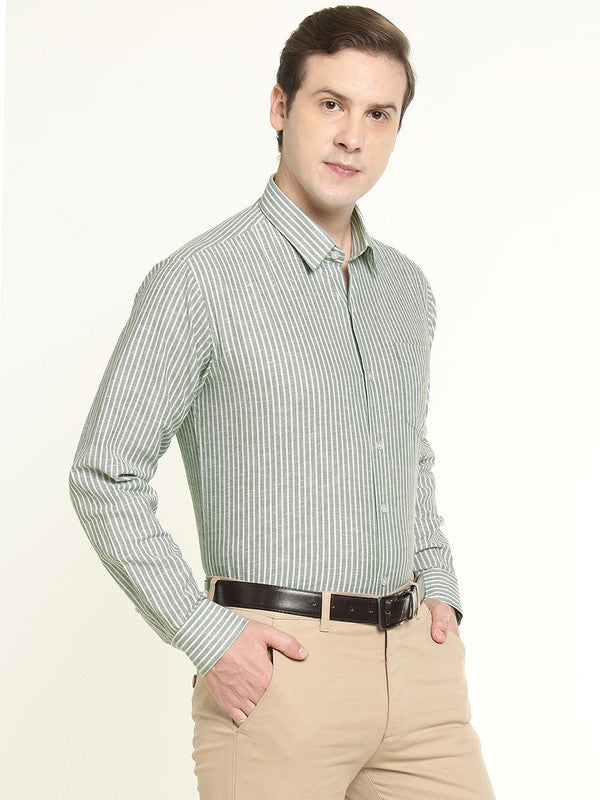 Hancock Men Green & White Candy Striped Linen Slim Fit Formal Shirt