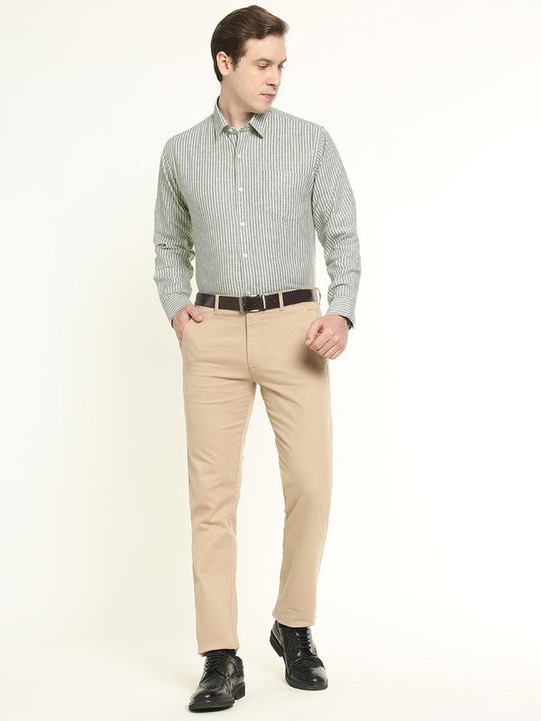 Hancock Men Green & White Candy Striped Linen Slim Fit Formal Shirt