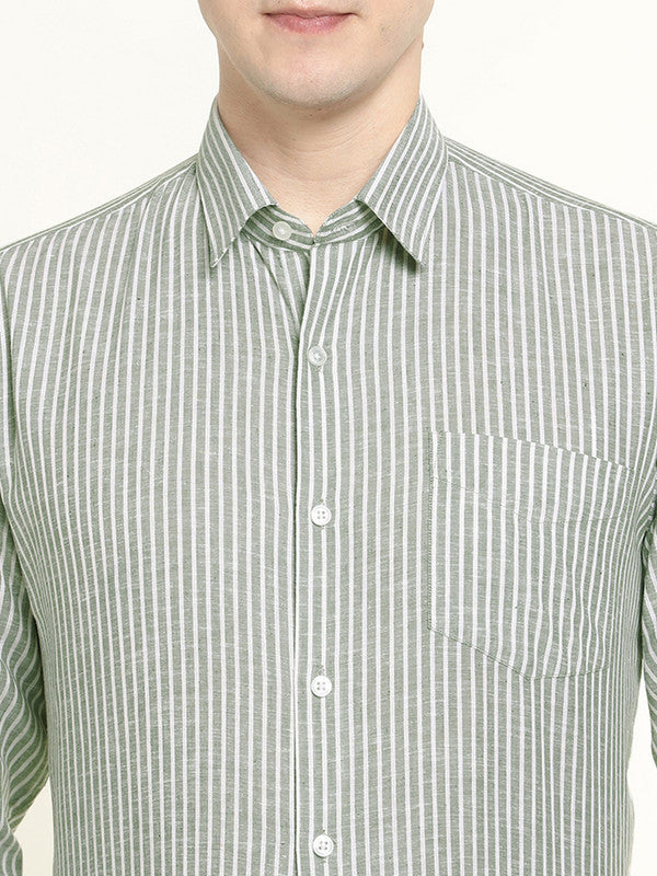Hancock Men Green & White Candy Striped Linen Slim Fit Formal Shirt