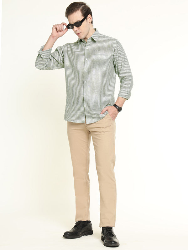 Hancock Men Green & White Candy Striped Linen Slim Fit Formal Shirt
