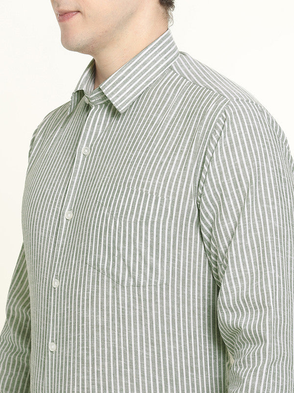 Hancock Men Green & White Candy Striped Linen Slim Fit Formal Shirt
