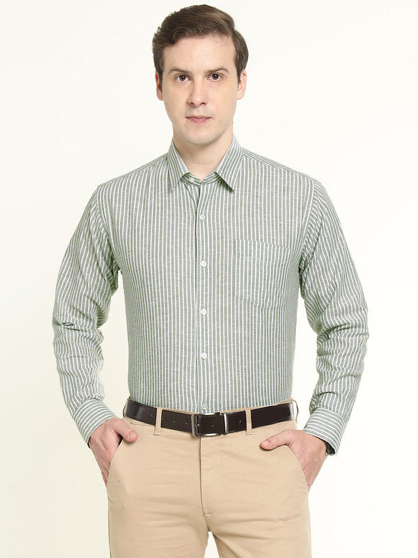 Hancock Men Green & White Candy Striped Linen Slim Fit Formal Shirt