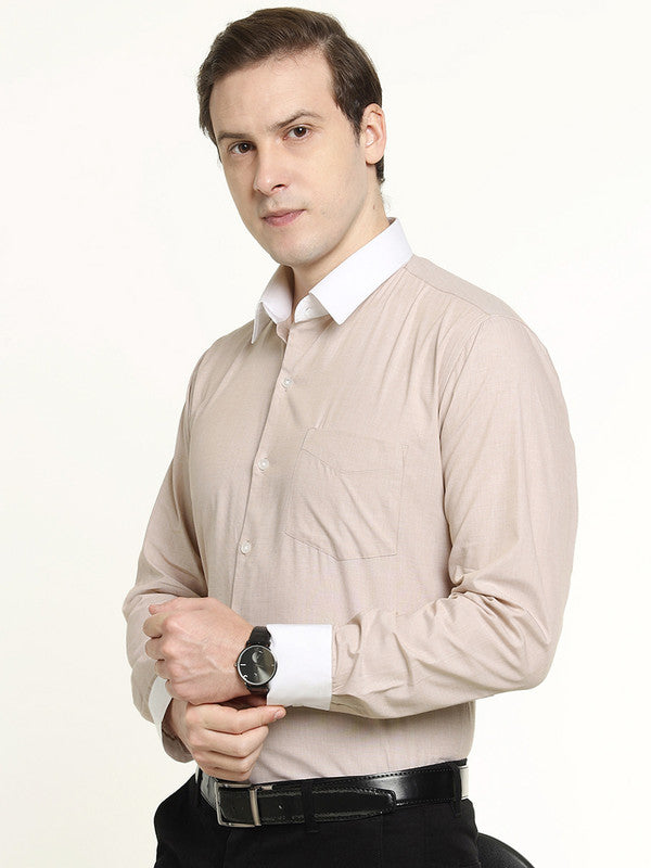 Men Beige Solid Chambray Weave Pure Cotton Slim Fit Formal Shirt