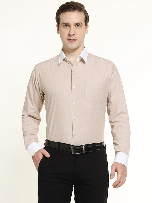 Men Beige Solid Chambray Weave Pure Cotton Slim Fit Formal Shirt