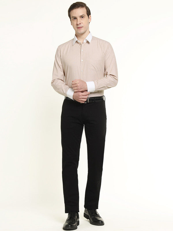 Men Beige Solid Chambray Weave Pure Cotton Slim Fit Formal Shirt