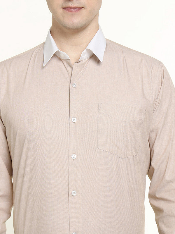 Men Beige Solid Chambray Weave Pure Cotton Slim Fit Formal Shirt