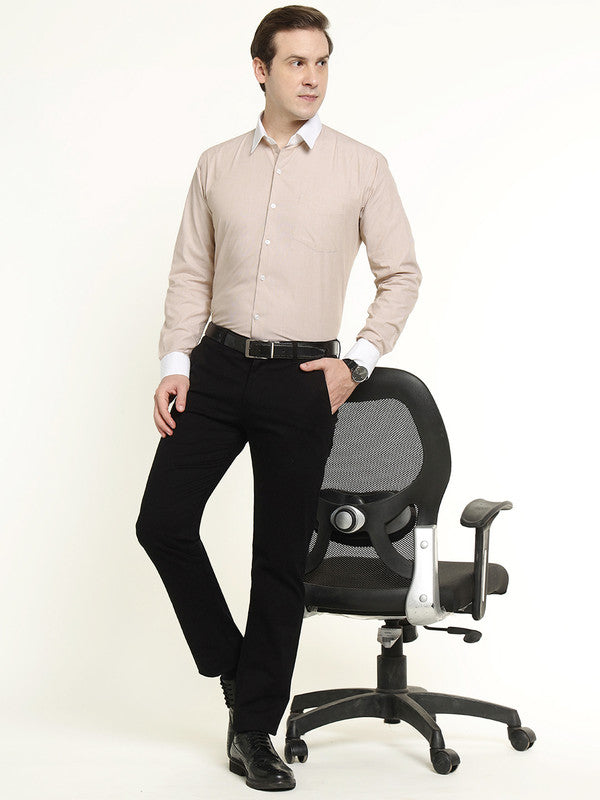 Men Beige Solid Chambray Weave Pure Cotton Slim Fit Formal Shirt