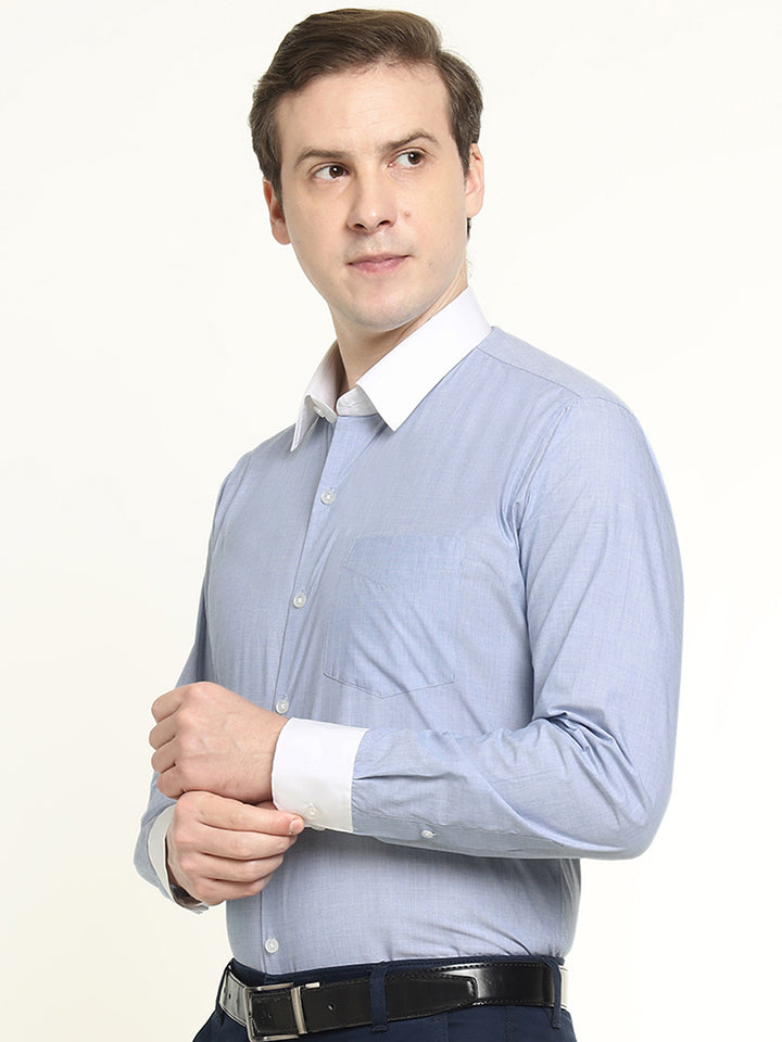 Men Blue Solid Chambray Weave Pure Cotton Slim Fit Formal Shirt