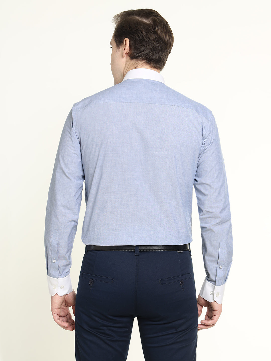 Men Blue Solid Chambray Weave Pure Cotton Slim Fit Formal Shirt