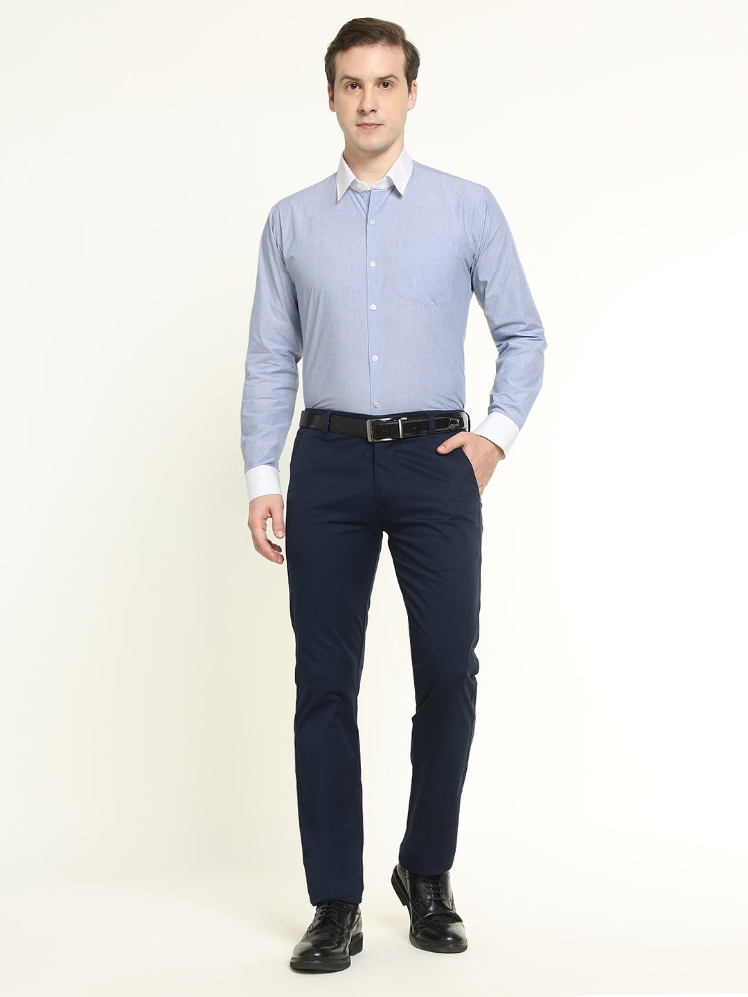 Men Blue Solid Chambray Weave Pure Cotton Slim Fit Formal Shirt