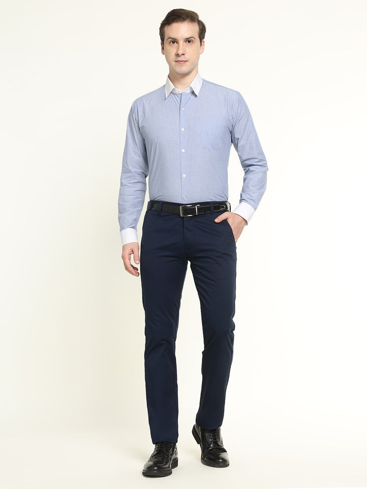Men Blue Solid Chambray Weave Pure Cotton Slim Fit Formal Shirt
