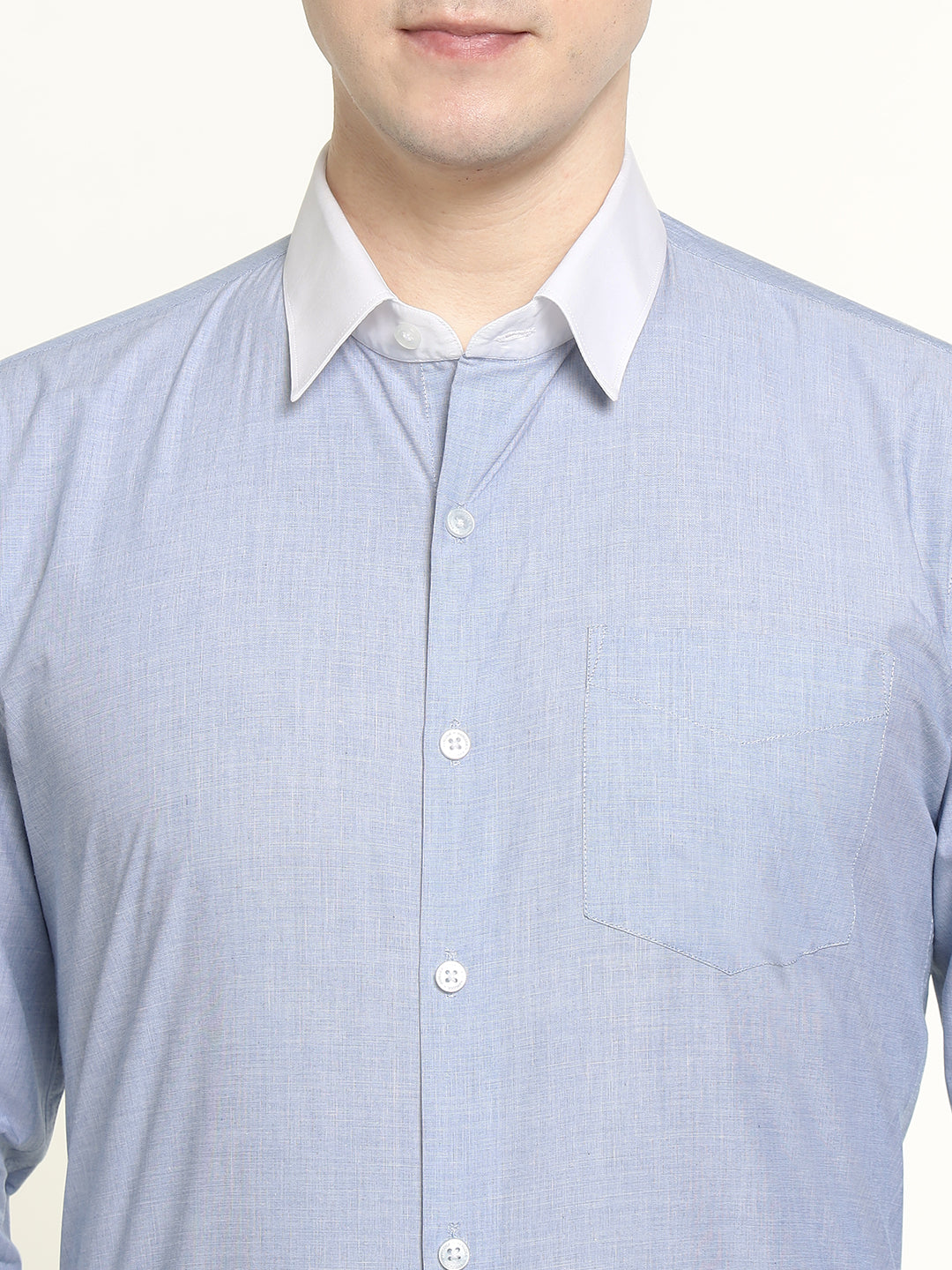 Men Blue Solid Chambray Weave Pure Cotton Slim Fit Formal Shirt