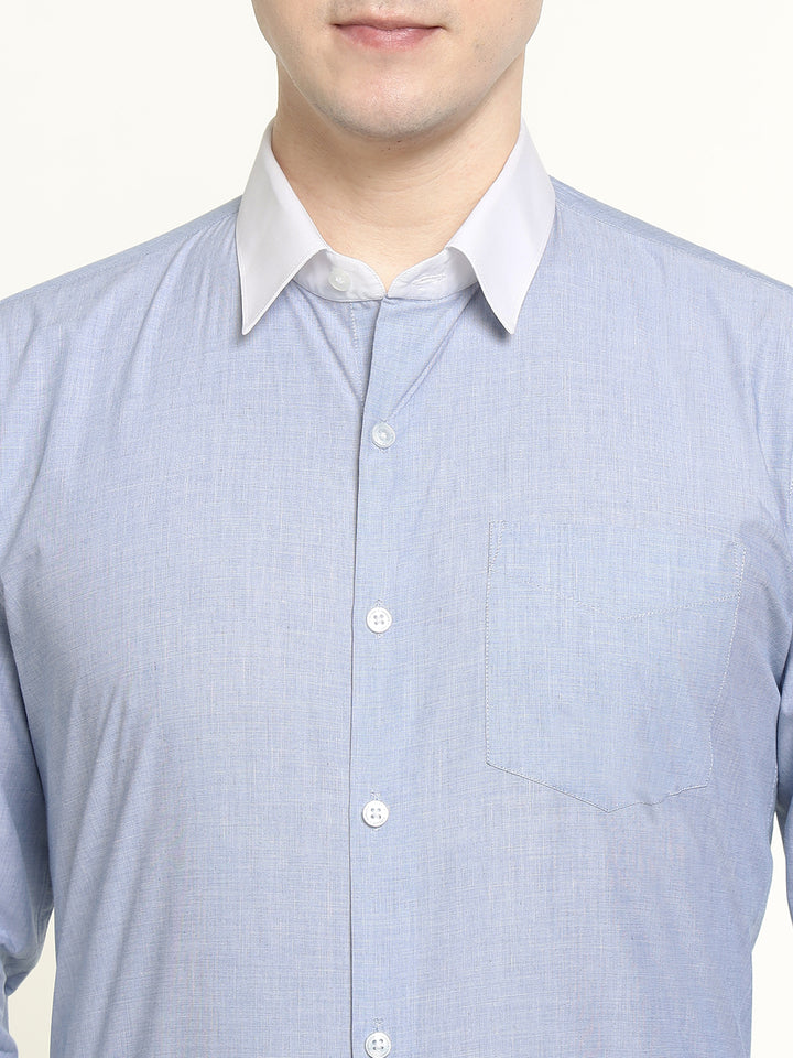 Men Blue Solid Chambray Weave Pure Cotton Slim Fit Formal Shirt