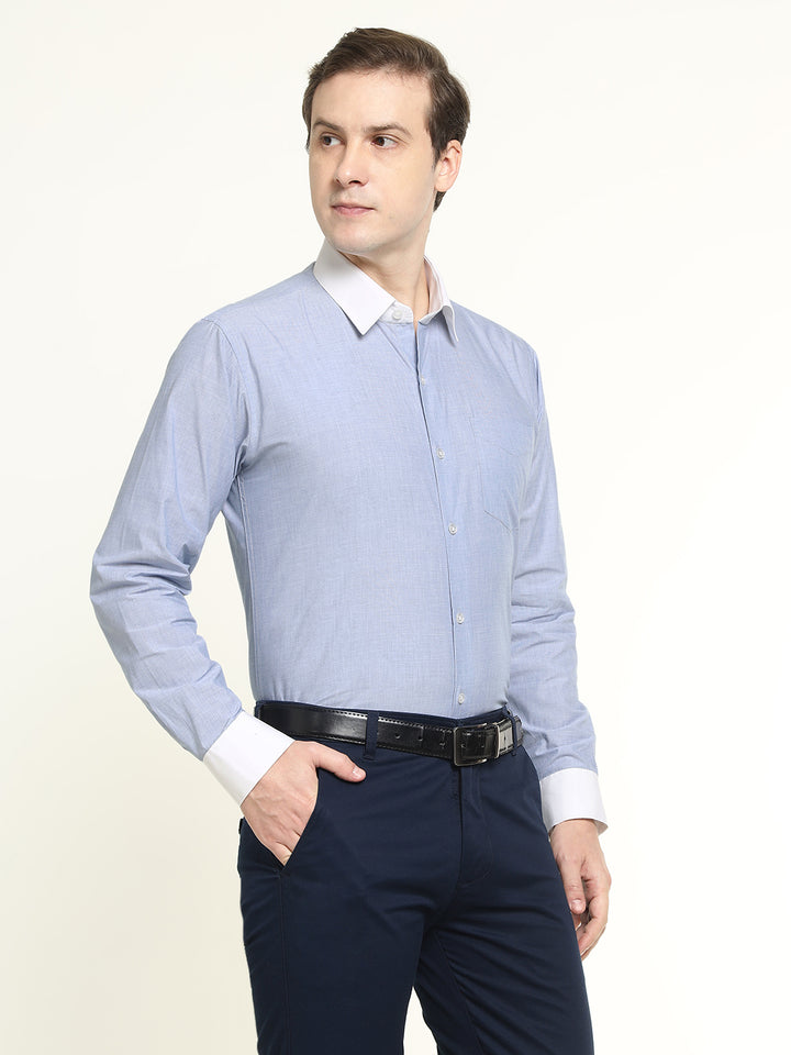 Men Blue Solid Chambray Weave Pure Cotton Slim Fit Formal Shirt