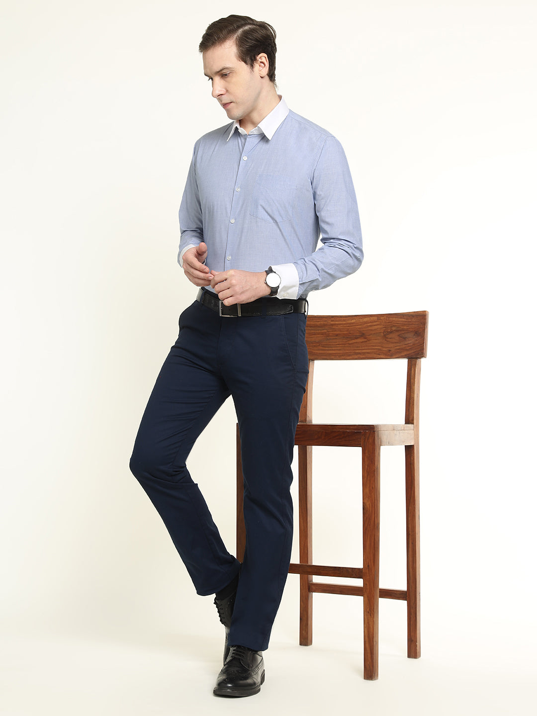 Men Blue Solid Chambray Weave Pure Cotton Slim Fit Formal Shirt