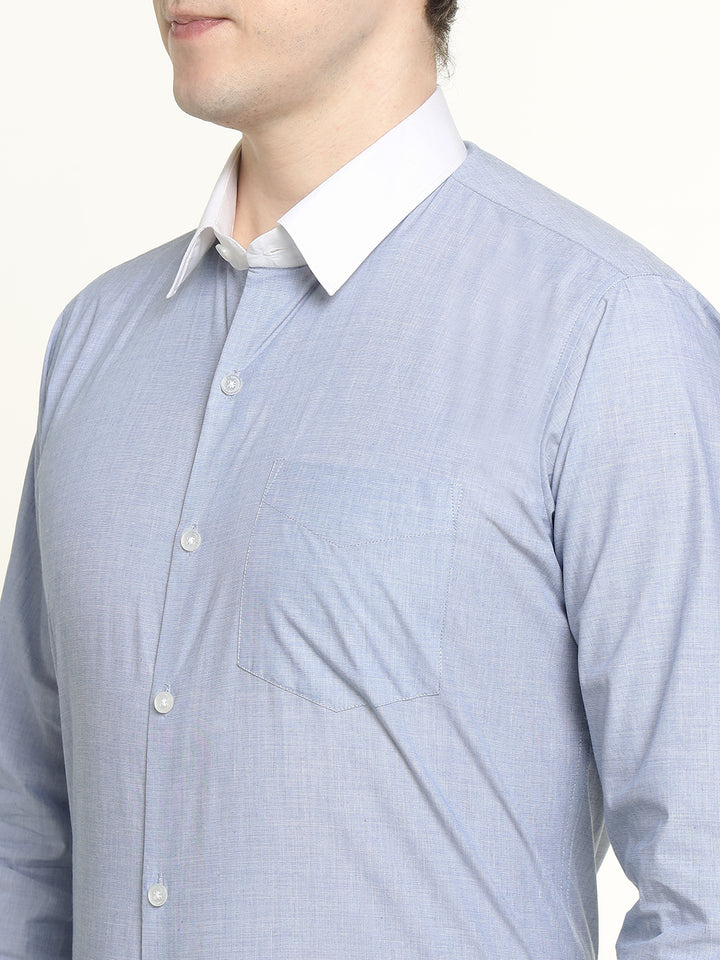 Men Blue Solid Chambray Weave Pure Cotton Slim Fit Formal Shirt