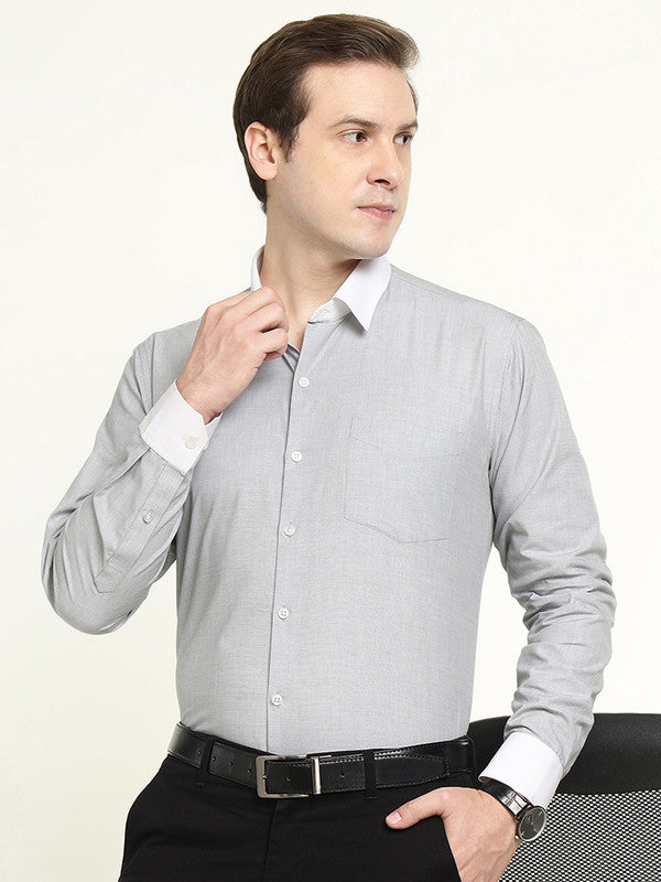 Men Grey Solid Chambray Weave Pure Cotton Slim Fit Formal Shirt