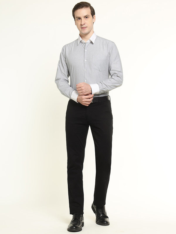 Men Grey Solid Chambray Weave Pure Cotton Slim Fit Formal Shirt