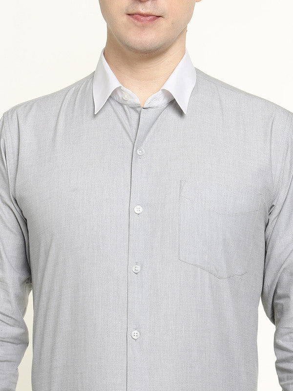 Men Grey Solid Chambray Weave Pure Cotton Slim Fit Formal Shirt