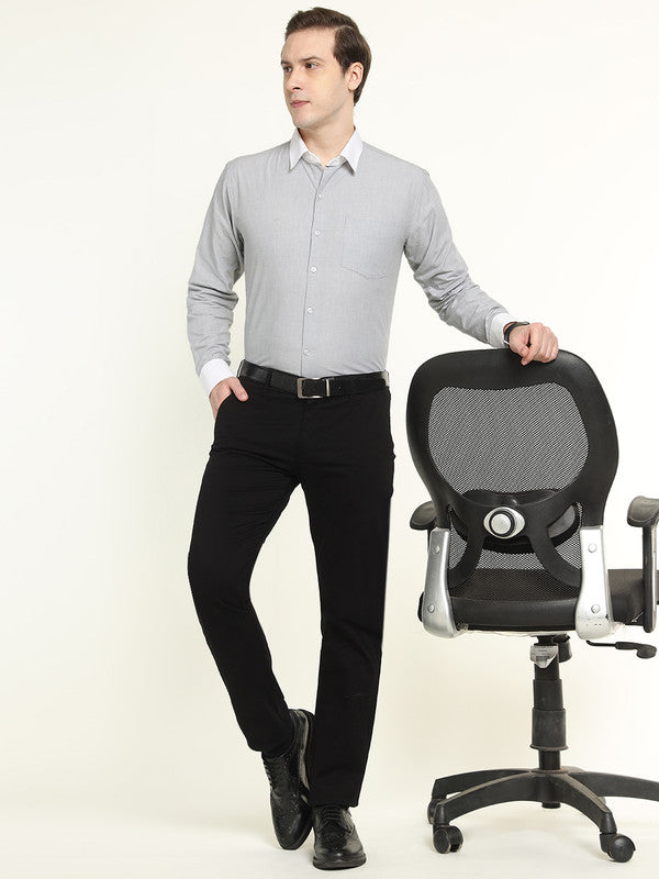 Men Grey Solid Chambray Weave Pure Cotton Slim Fit Formal Shirt